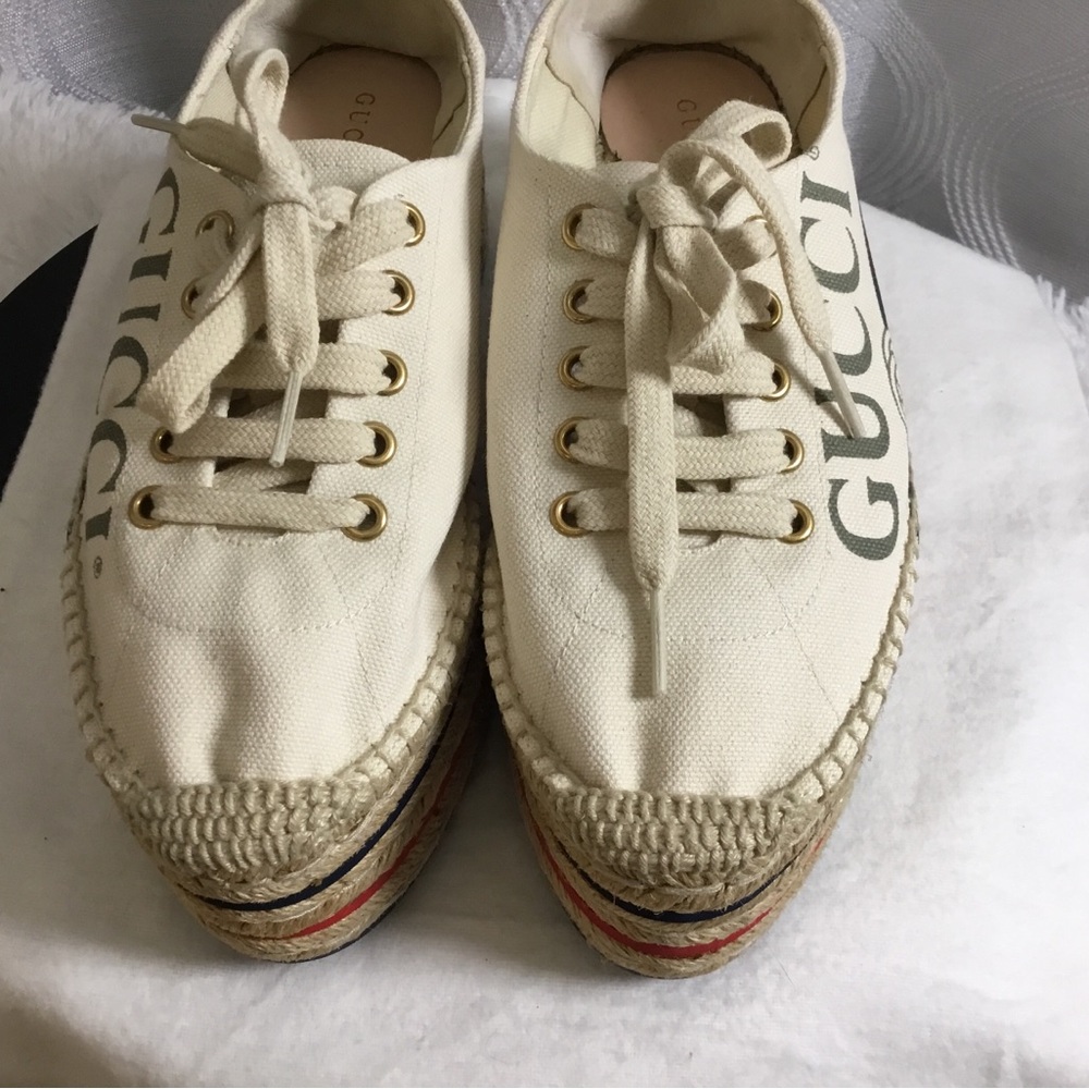 Gucci Cream Canvas Platform Espadrille Sneakers with Web Stripe - Picture 2 of 15